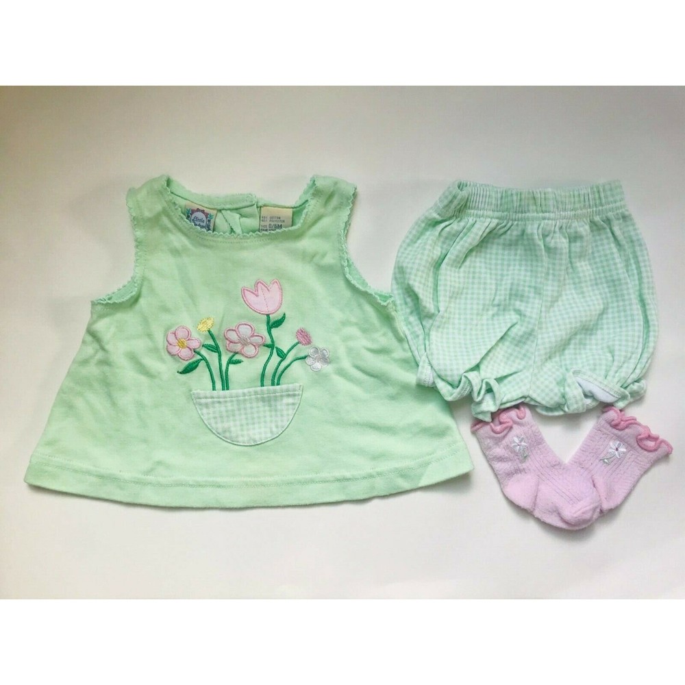 Girl's Size 0-3-6 Months 3 Pc Little Lindsey Green Pocket Floral Top, Bloomers +